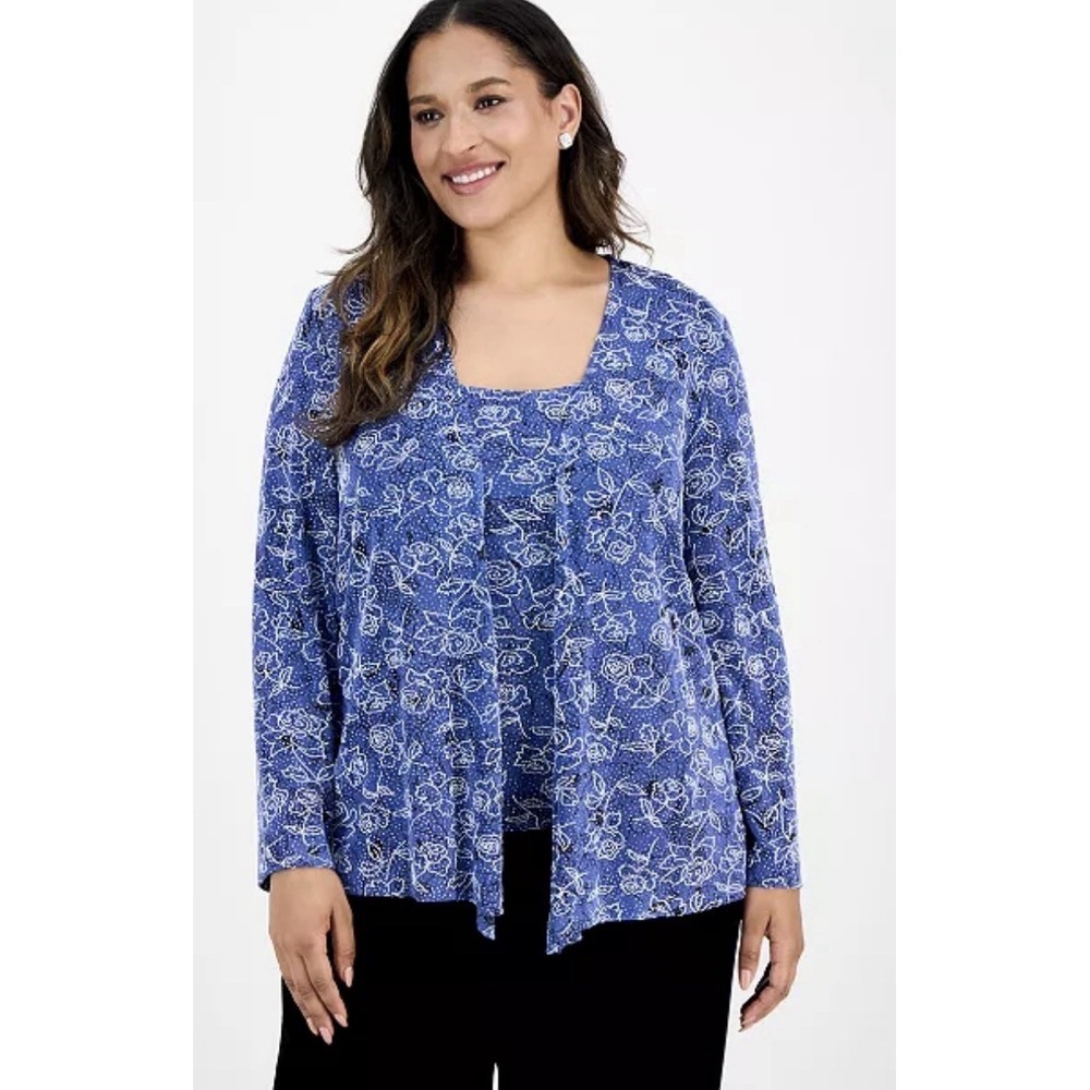 Alex Evenings Plus Size Printed Tank Top & Jacket Set Blue Size 3X